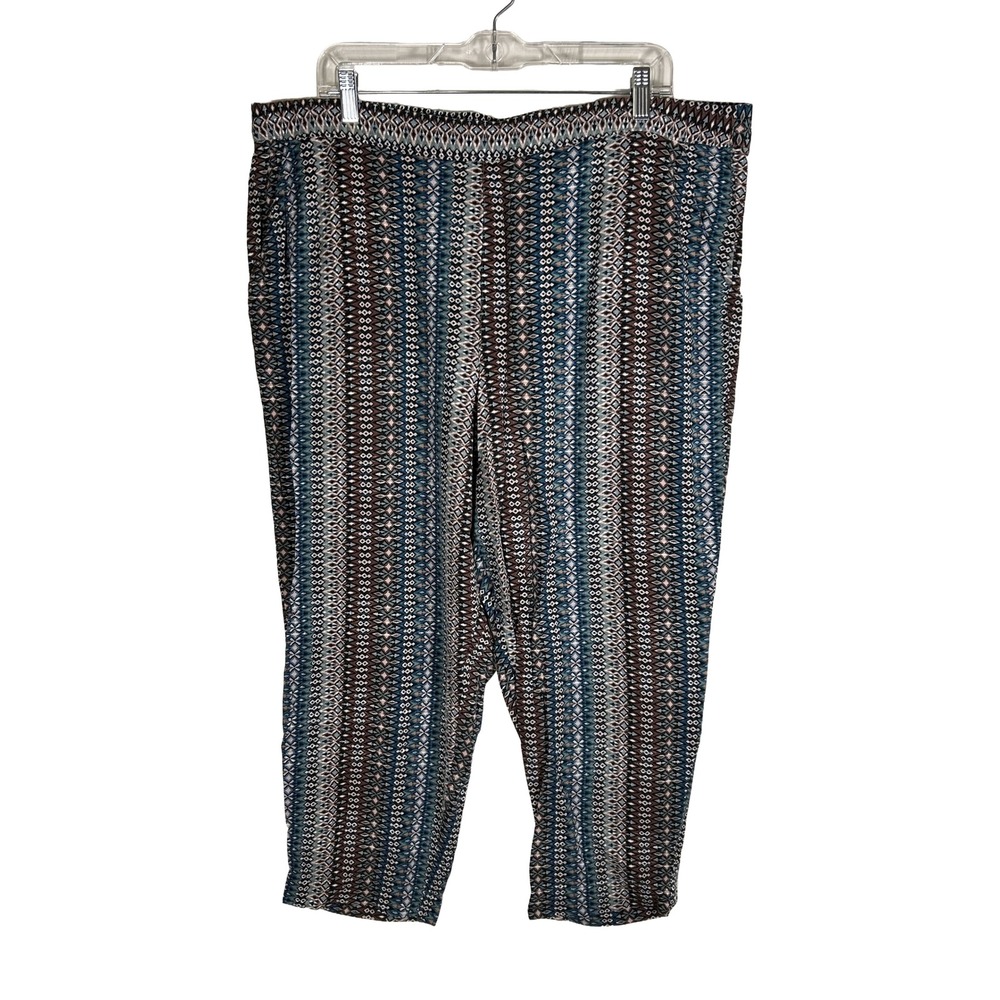 Jessica Simpson XXL Blue Brown Geometric Tribal Print Capri Cropped Pant Viscose